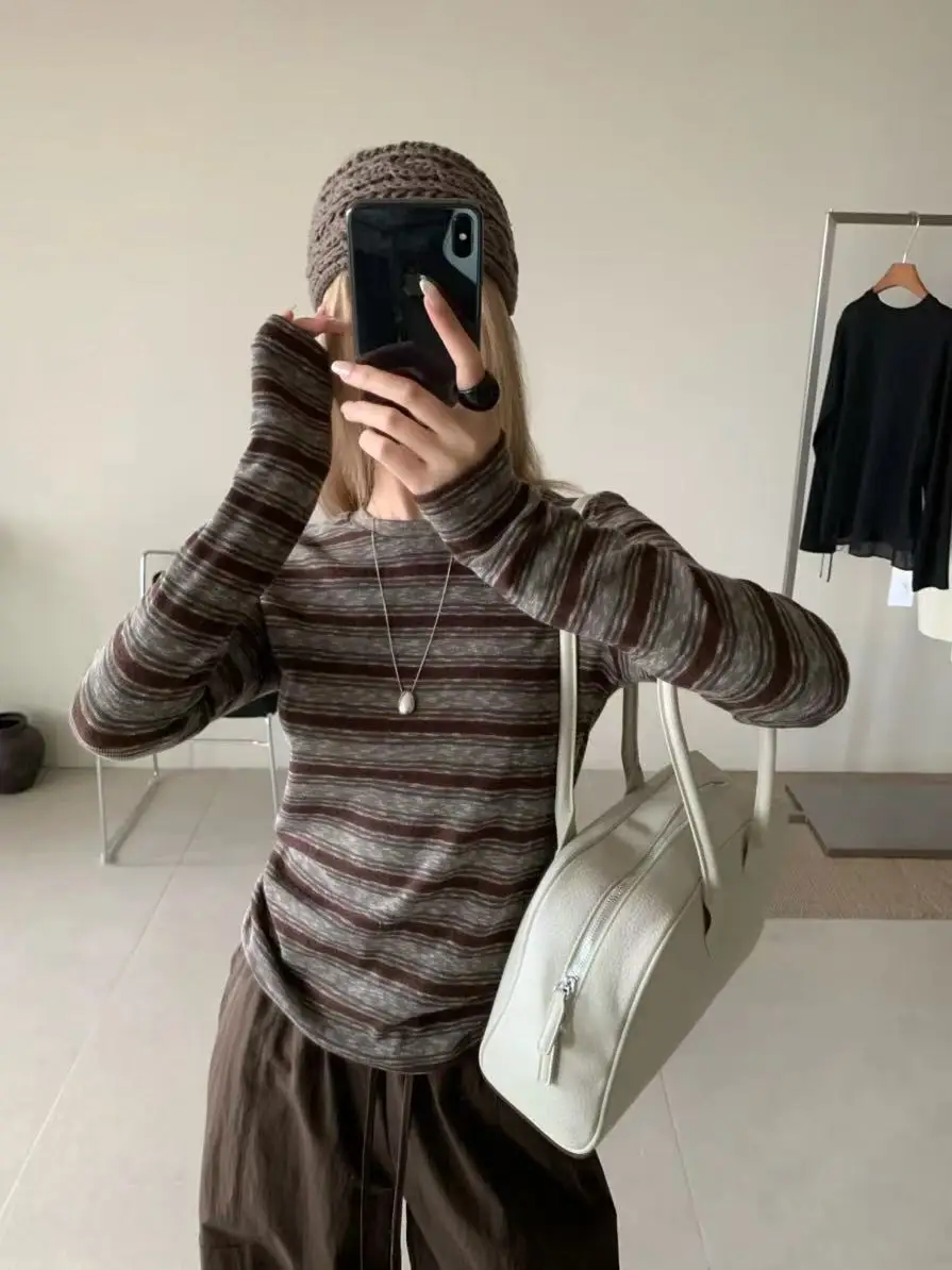 Chic Striped Long Sleeve T-Shirt Women Base Shirt Top Trendy Commute Style Universal Fit Slimming Cotton Polyester Blend
