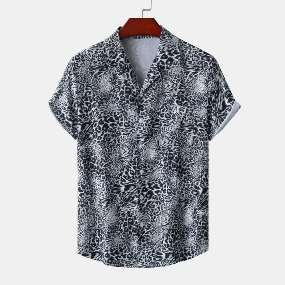 Camisa de manga curta leopardo masculina, tamanho grande, tendência elegante de lapela, roupa casual de botão, moda