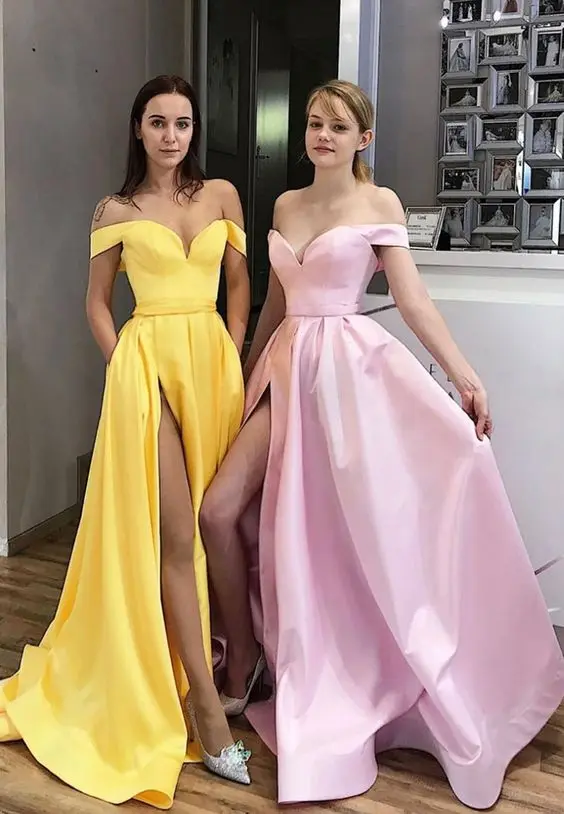 Simple Long Prom Dresses Satin Off Shoulder Sweetheart A Line High Slit Elegant Formal Party Women Evening Gowns