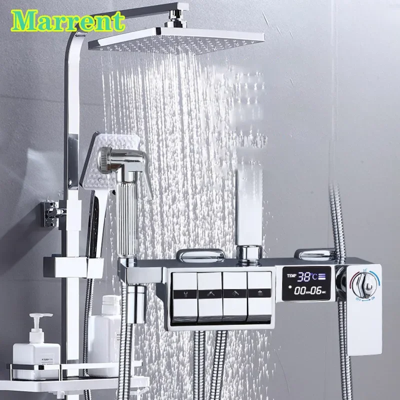 Chrome Digital Piano Shower Set Quality Brass Thermostatic Bathroom Shower Sprinkler System LED Digital Bathroom Shower Faucets