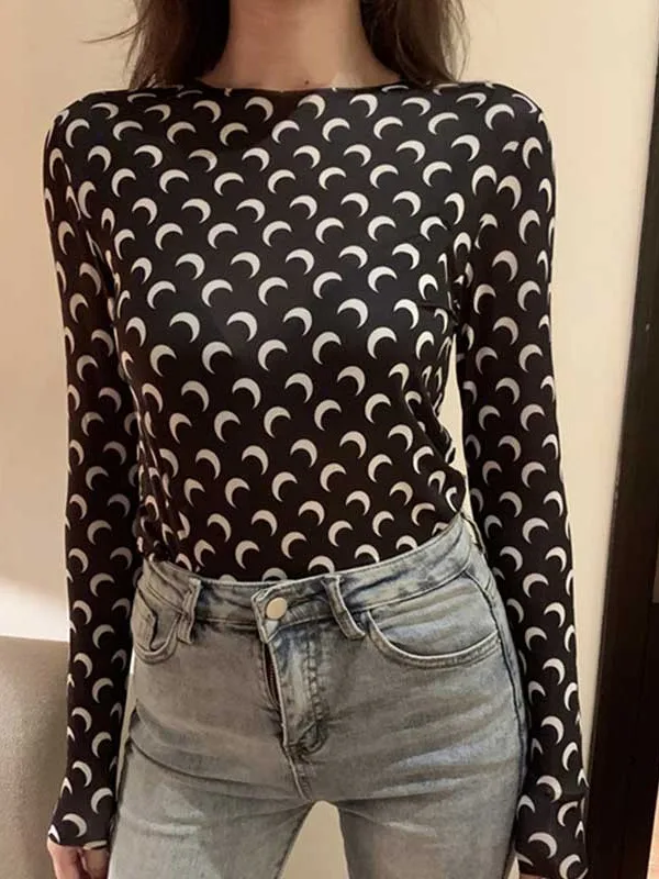 

Spring Summer Y2k Korean Retro Design Sense Women's Clothing Moon Printed T-shirt Long Sleeve Lazy Slimming Top 2000s Clothes
