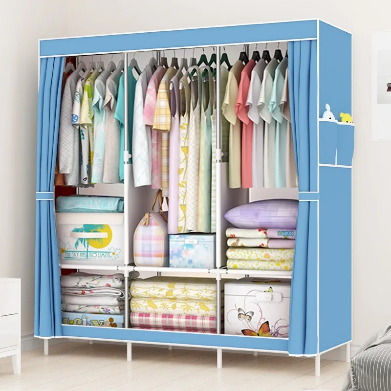 Armario de tela moderno y sencillo con estructura de tubos de acero, para colgar ropa individual o doble, ideal para dormitorio.