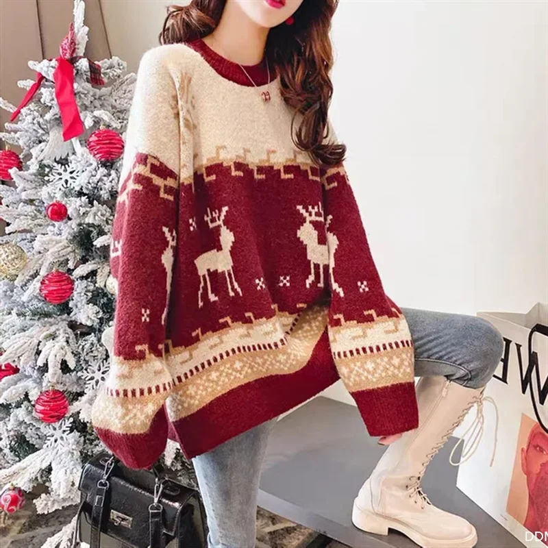 2024 Autumn/Winter Women's New Sweater - Korean Style. Christmas Deer. Loose Fit. Pullover. Long Sleeve. All-Match. Knit Top