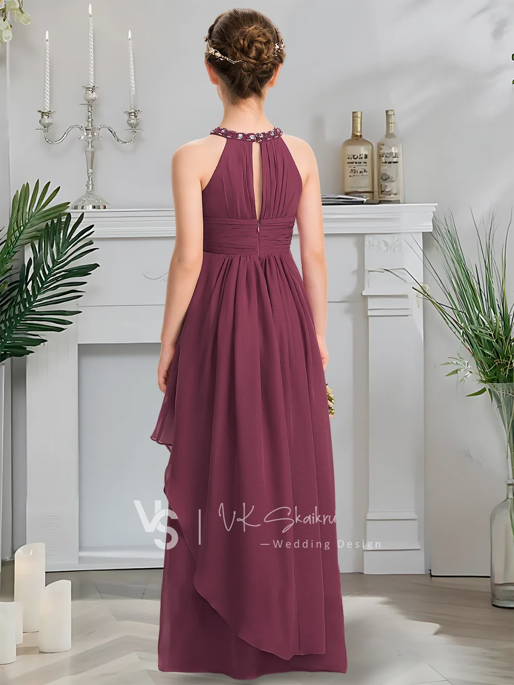 Elegancka linia A Halter do podłogi szyfonowa sukienka dla młodszej druhny z koralikami morwą piękna letnia sukienka dla dziewczynki w kwiaty