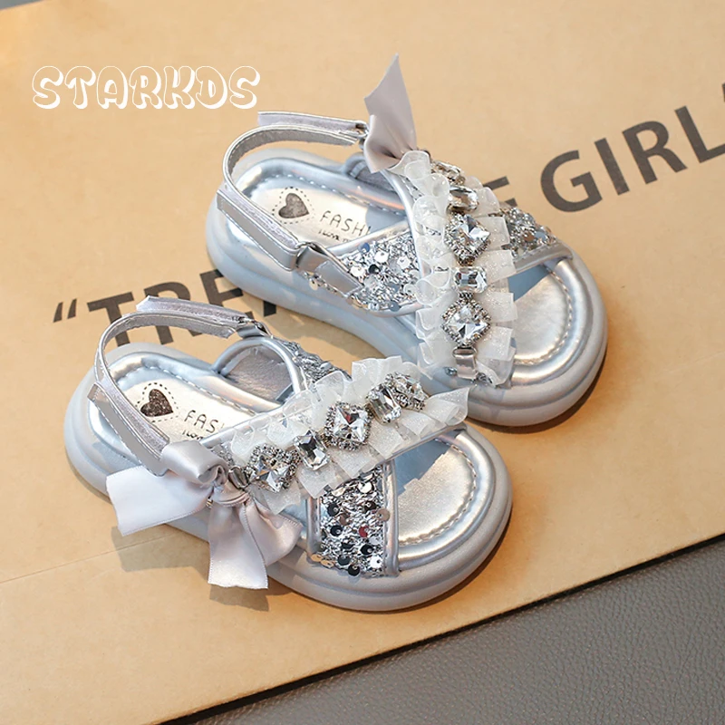 Silver Sequins Bowknot Strap Sandals Kid Girls Luxury Crystal Lace Slingbacks Child Summer Soft Sole Bling Princess Dress Shoes