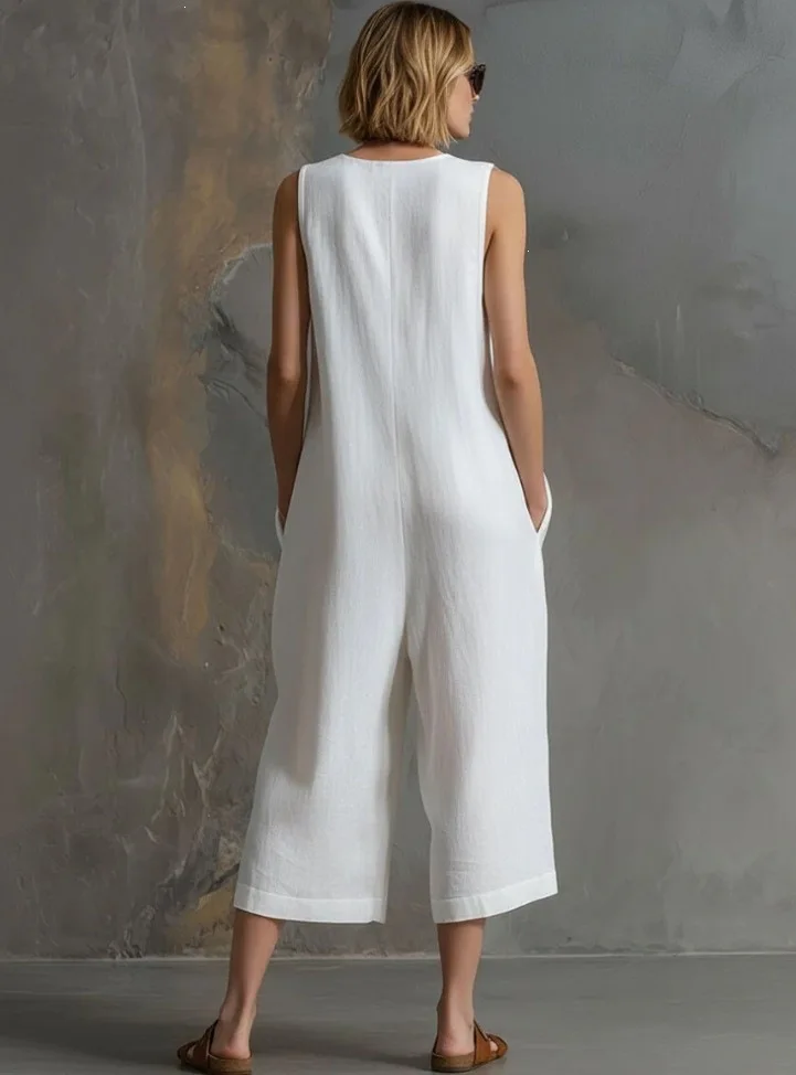 Fashion Cotton Linen Sleeveless Pocket Jumpsuit Women'S Autumn Casual Loose Solid Color Shirt Jumpsuit Female Rompers