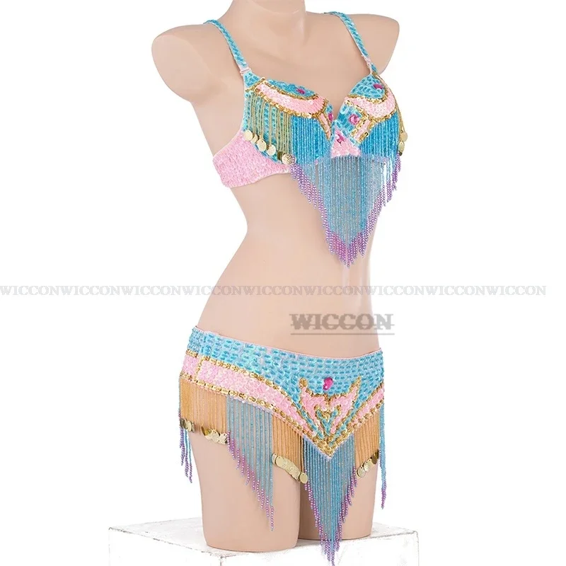 Sujetador de cinturón de Suite de danza del vientre para mujer, conjunto de 2 piezas, disfraces de Samba, sujetador Sexy de Club, tamaño de sujetador, acepta cualquier tamaño, 4 colores, sujetador de cadera de danza del vientre