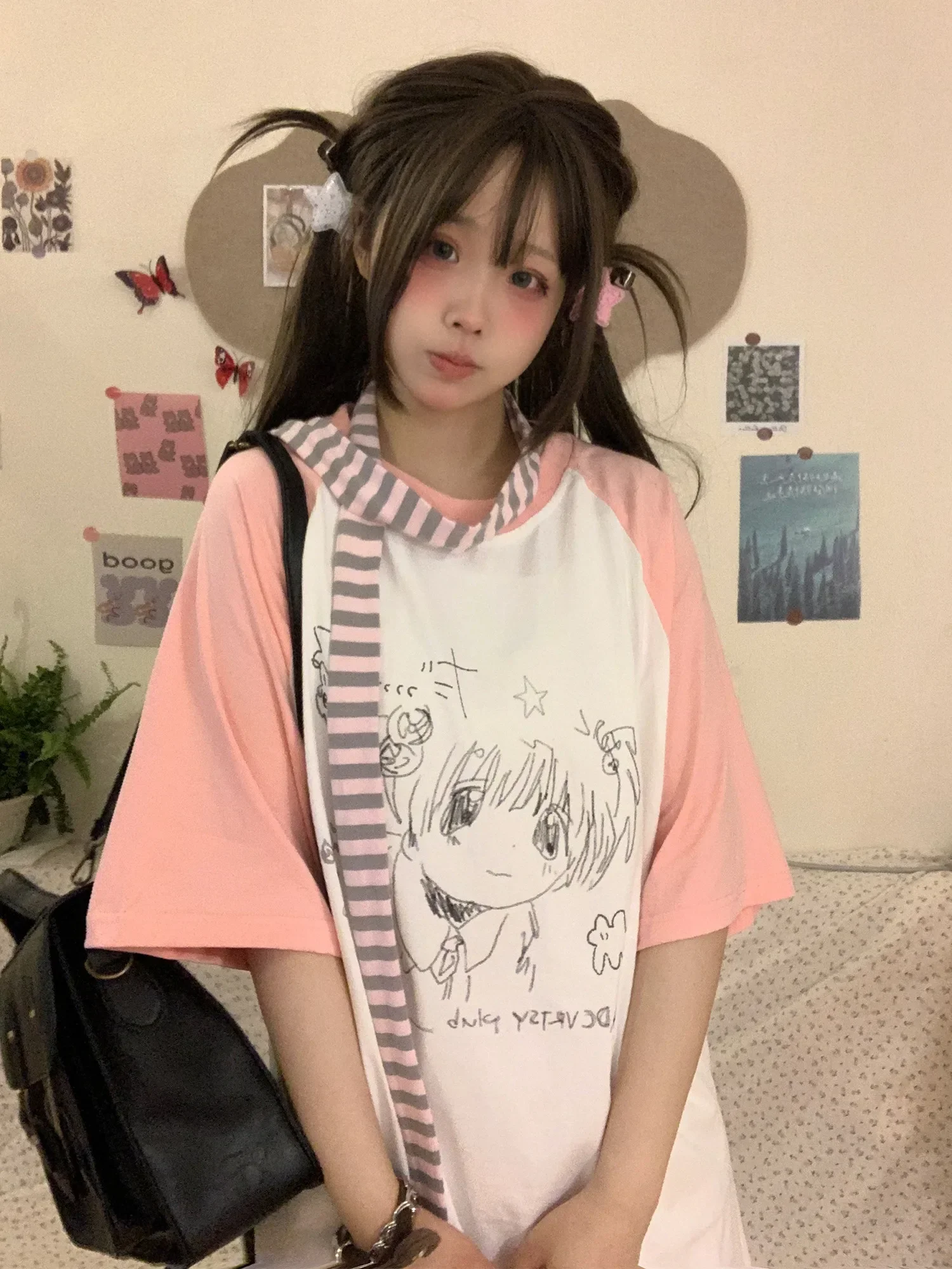 Oversized Graphic Cartoon Print T-shirt with Scarf Women Tshirt harajuku fairycore 2000s y2k grunge goth aesthetic korean cloth