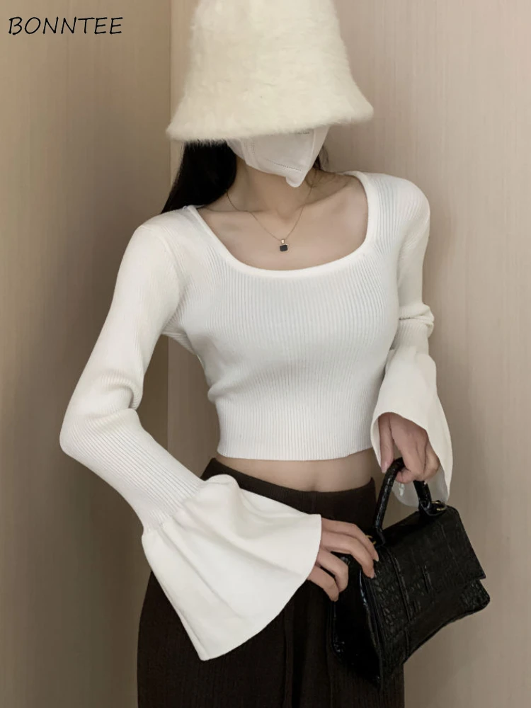 

Pullovers Women Flare Sleeve Simple Design Autumn Retro Cropped Sweater Korean Style Daily Bandage Casual Ladies Tender Elegant