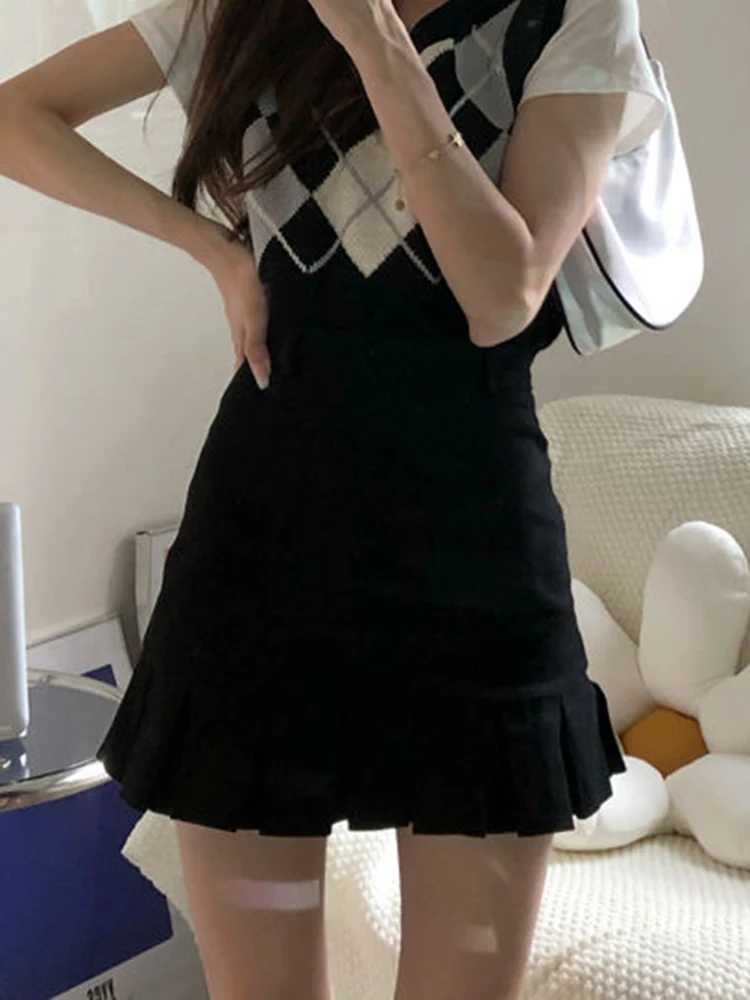 Zoki Sexy High Waist Pleated Mini Skirt Women Korean Fashion A Line Skirt Summer Preppy Style Casual All Match Black Skirt New