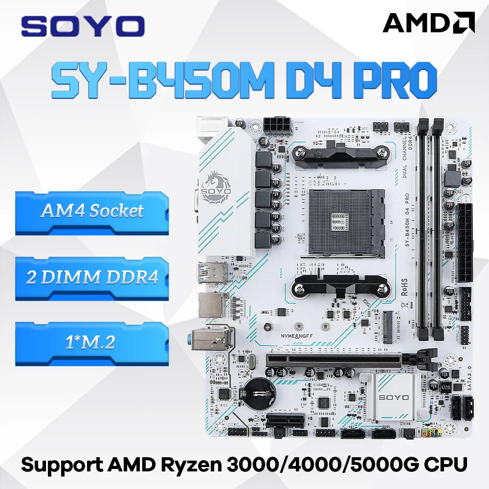 SOYO B450M D4 PRO Motherboard AM4 Support AMD Ryzen 3000/4000/5000G Series CPU Dual-channel DDR4 M.2 NVME PCIE 3.0 SATA3.0