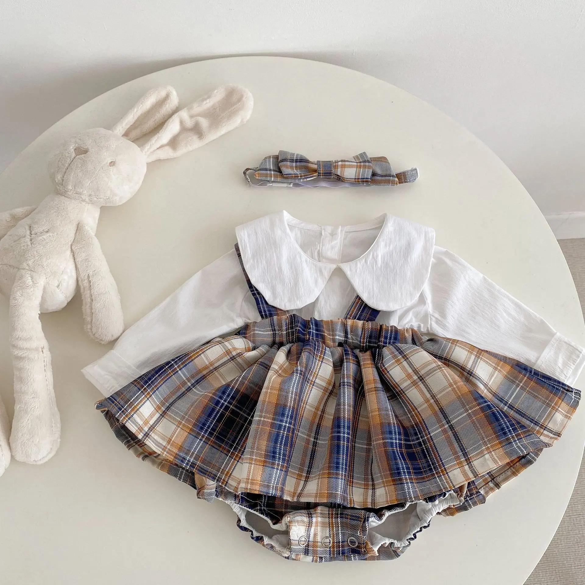 2023 Spring Clothes for Infants Baby Girl White Bottom Top + Plaid Romper Dress Cute Baby Clothing With Bow Headband