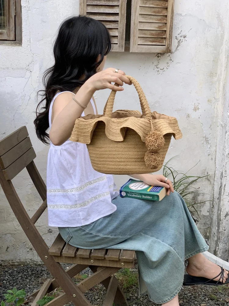 Lace Decoration Straw Woven Tote Bag Women Hand-held Bucket Bag Summer Style Beach Bag Vacation Tourism Crochet Bag