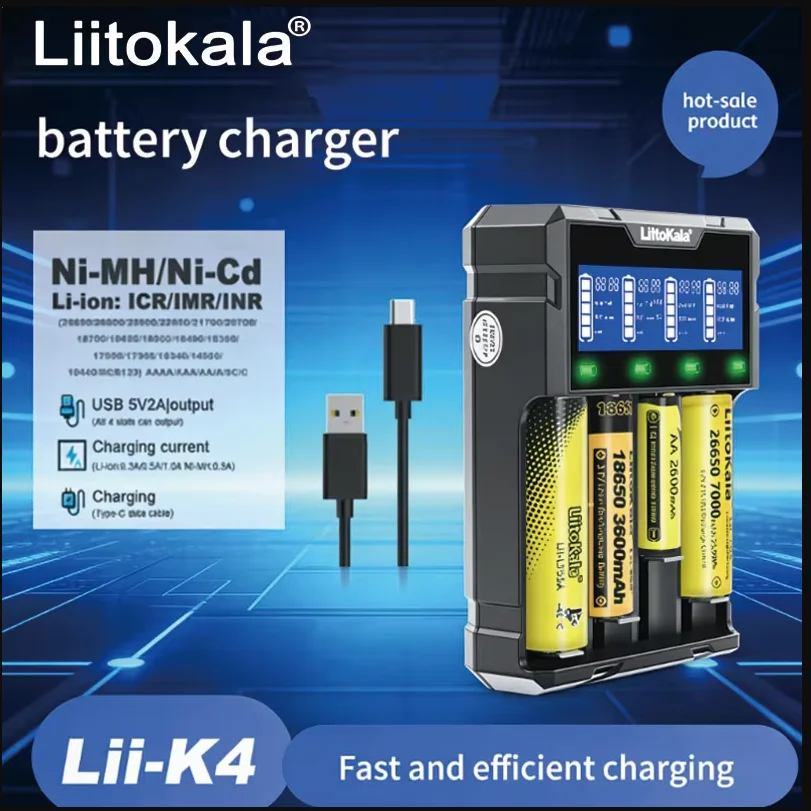 LiitoKala Lii‑K4 Smart 4 Slots LCD Battery Charger 2‑in‑1 Charger & Power Bank for 18650 21700 26650 16340 14500 Lithium Battery