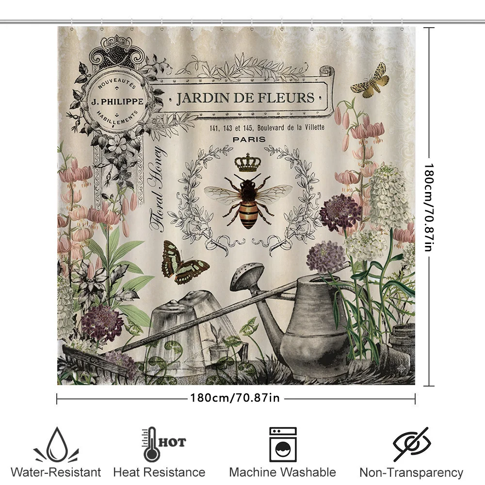 ヴィンテージガーデン装飾シャワーカーテンセット花ハニーデザイン浴室装飾ホームアクセサリー黒織物 Waterpro