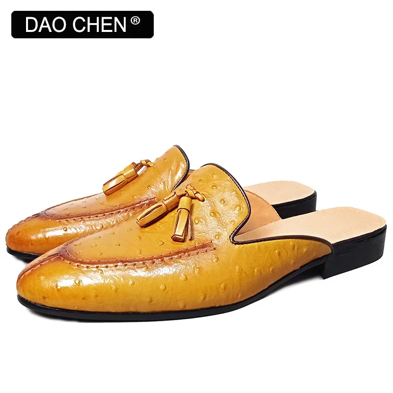 SUMMER MEN\'S MULES HALF SHOES YELLOW BLACK SPLIT TOE TASSELS MEN DRESS CASUAL SHOES BREATHABLE GENUINE LEATHER SHOES MEN