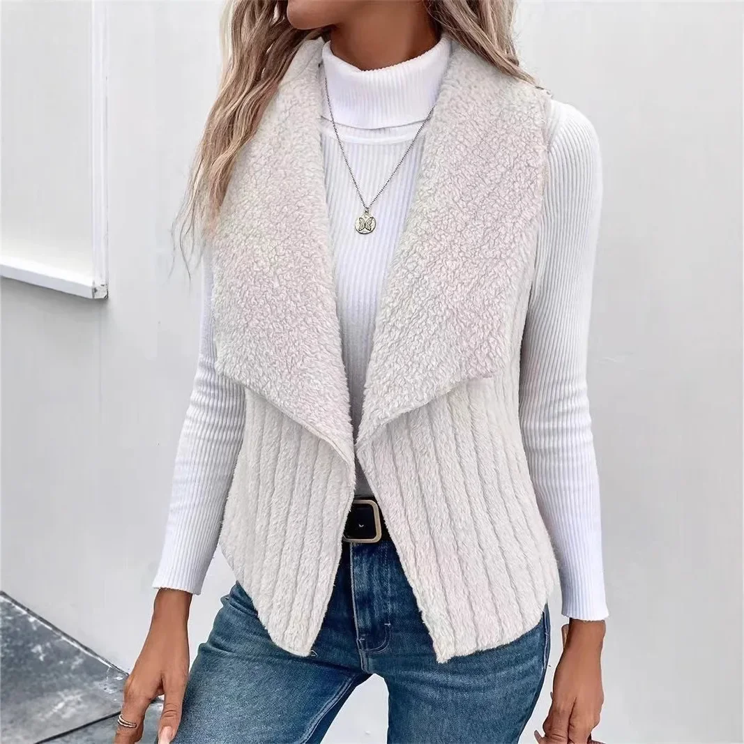 New Autumn Winter Solid Vests Women Solid V-Neck Fleece Vests Open Stitch Sleeveless Jackets Ladies Casual Slim Basic Vests Coat