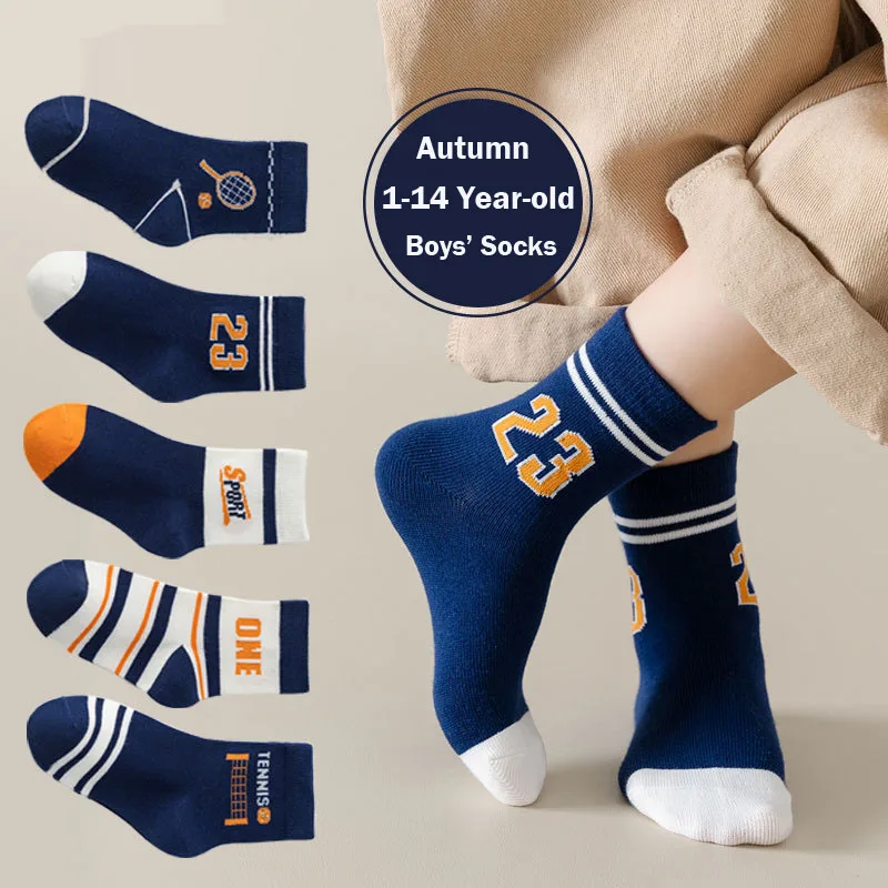 Chaussettes de sport en coton pour enfants, motif de lettres de dessin animé, chaussettes pour enfants, garçons, bébé, printemps, automne, 1-14T, 5 paires