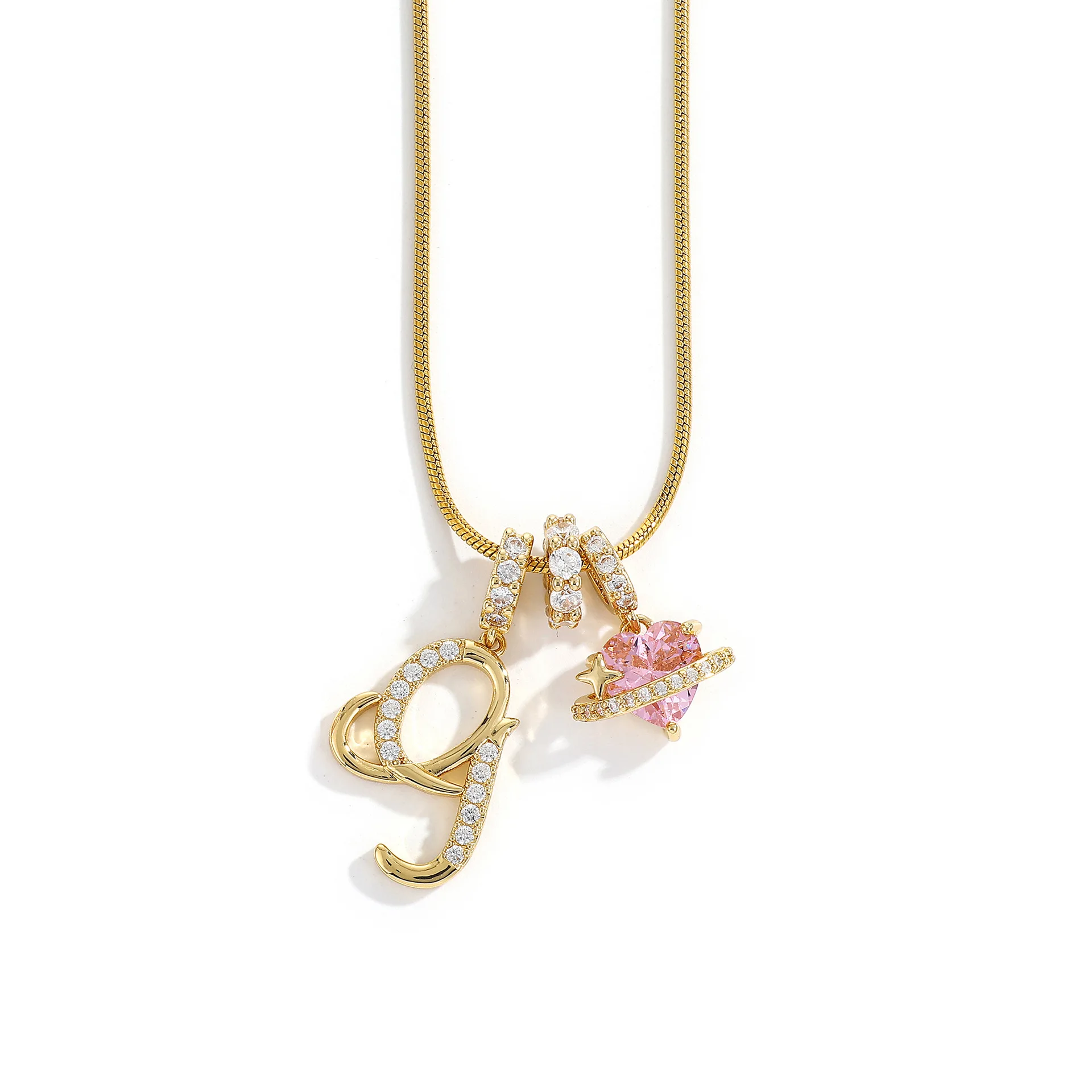 Women's A-Z Initial Letter Pendant Necklace Snake Chain Initial Alphabet CZ Pink Heart Necklace Adjustable Size Hypoallergenic