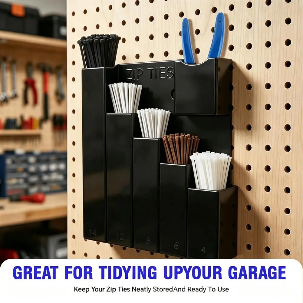 Tool Organizer 5 Slot Cable Tie Storage Holder with Pliers Pocket Wall Mount Garage Workshop Tool Storage Rack Dispenser