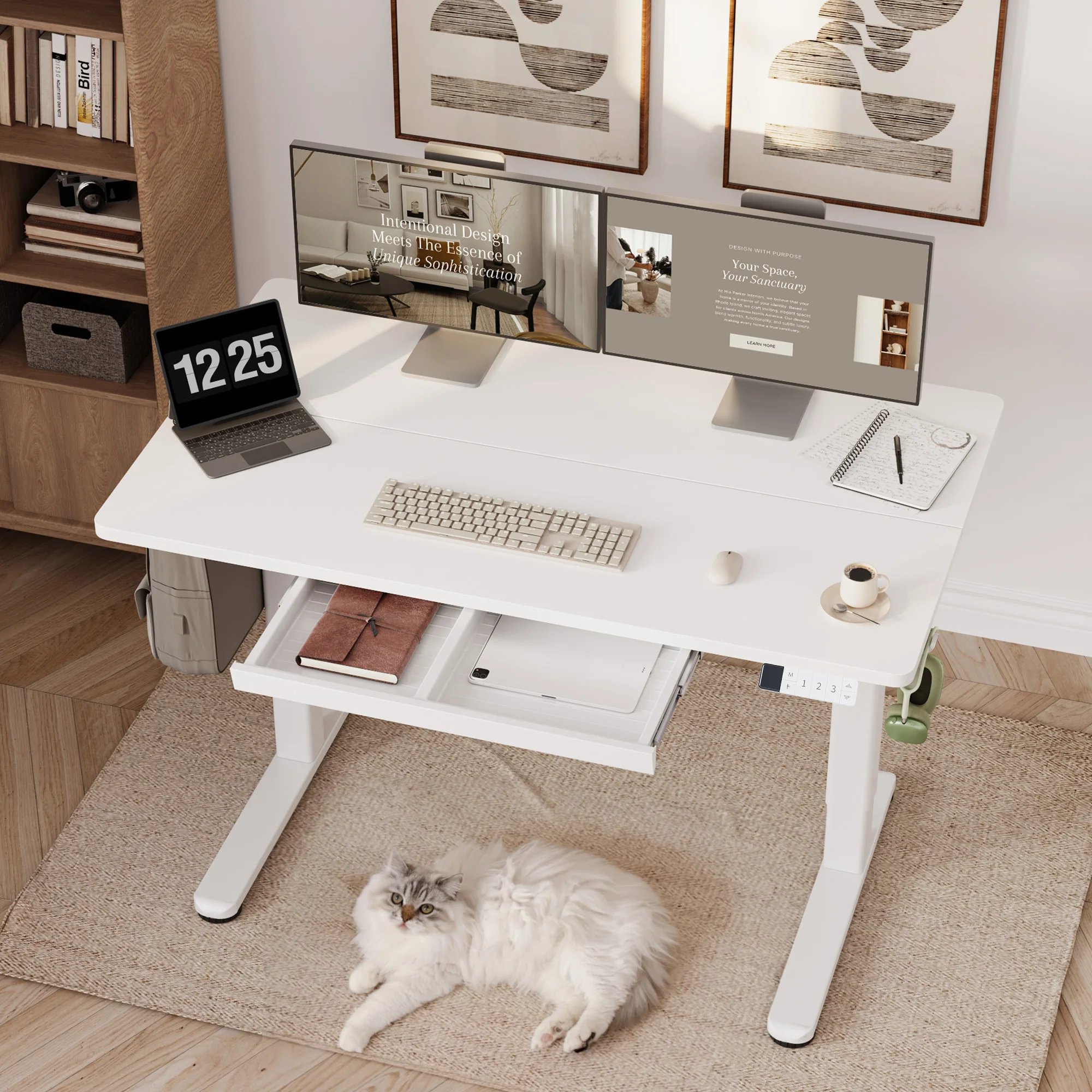 Claiks Standing Desk Höhenverstellbarer Schreibtisch mit Schublade,  Elektrisch Schreibtisch Höhenverstellbar mit 3-Funktions-Memory, Standing Desk with Drawers,80 kg Capacity 120 x 60 cm/ 140 x 60 cm