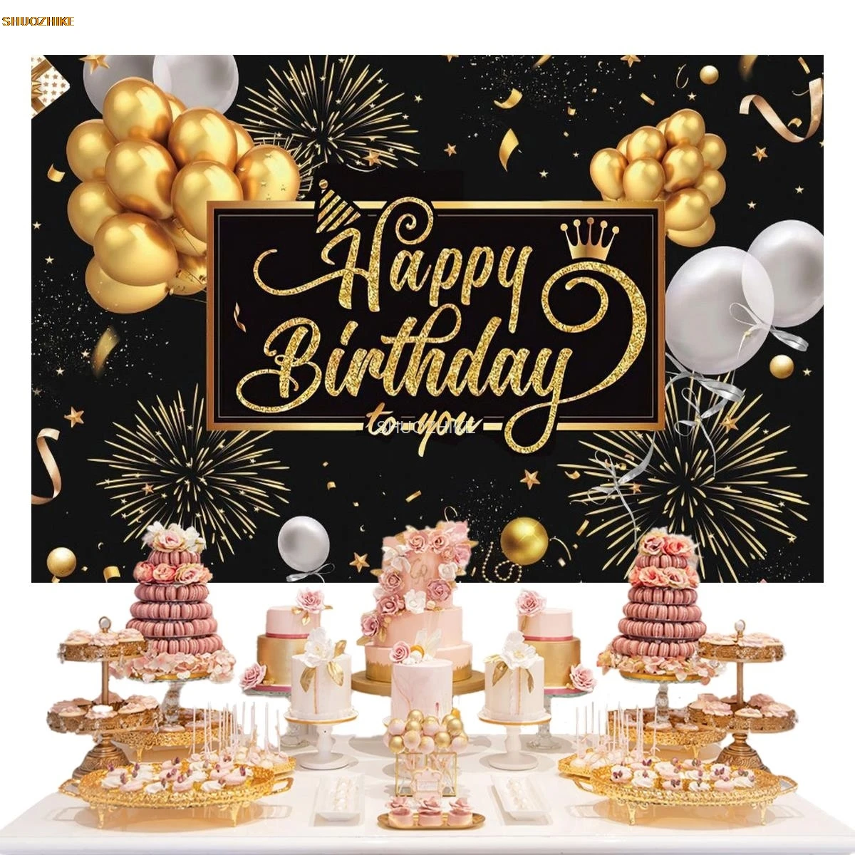 SHUOZHIKE Roze Zwart Goud Gelukkige Verjaardag Achtergrond Glitter Balloon Jongens Meisjes Party Ballon Sparkle Fotostudio Achtergrond JC-07