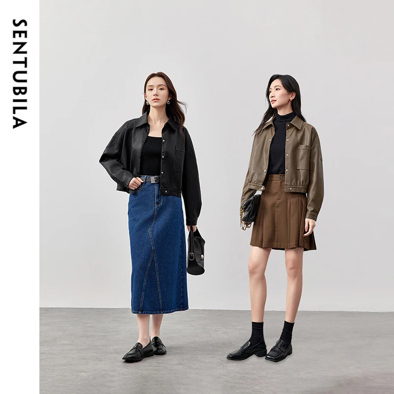 SENTUBILA Giacche in ecopelle Donna 2025 Primavera Autunno Nero Manica a goccia Crop Pu Giacca Donna Tuta sportiva Abbigliamento donna W51G58695