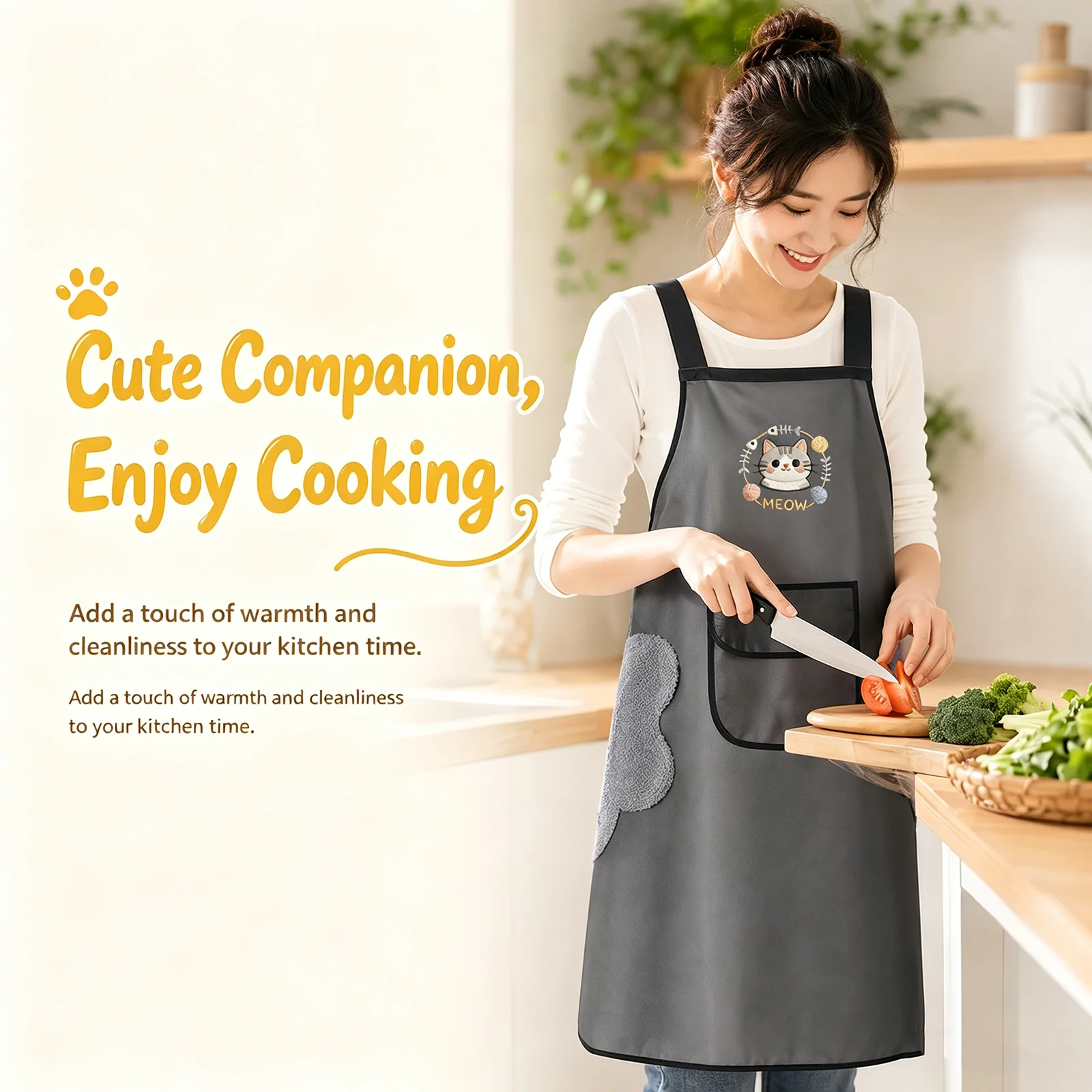TPU Translucent Cat Embroidery Apron With Side Wipe Towel Large Pocket Adjustable Shoulder Strap Kitchen Cooking Cleaning Apron