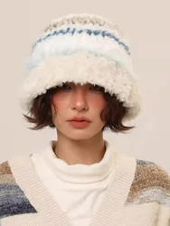 Japanese Sle Knitted Rabbit Fur Hat Women's Autumn Winter Small Face Illusion  Warm Woolen Cap Large Head Size