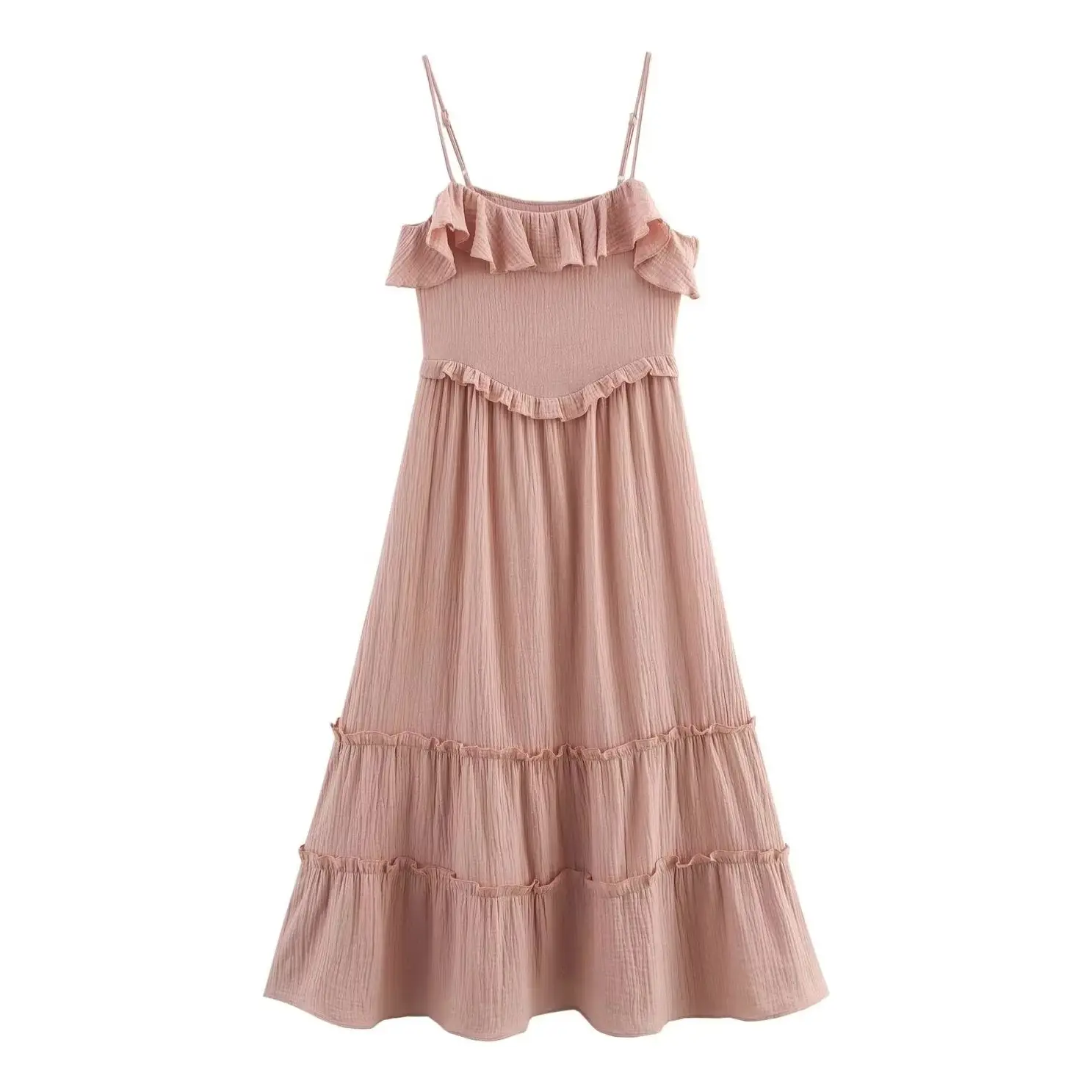 Kondala chique rosa praia férias mulher sexy vestido sexy em camadas plissado vestido longo moda 2025 elegante feminino camisola vestidos