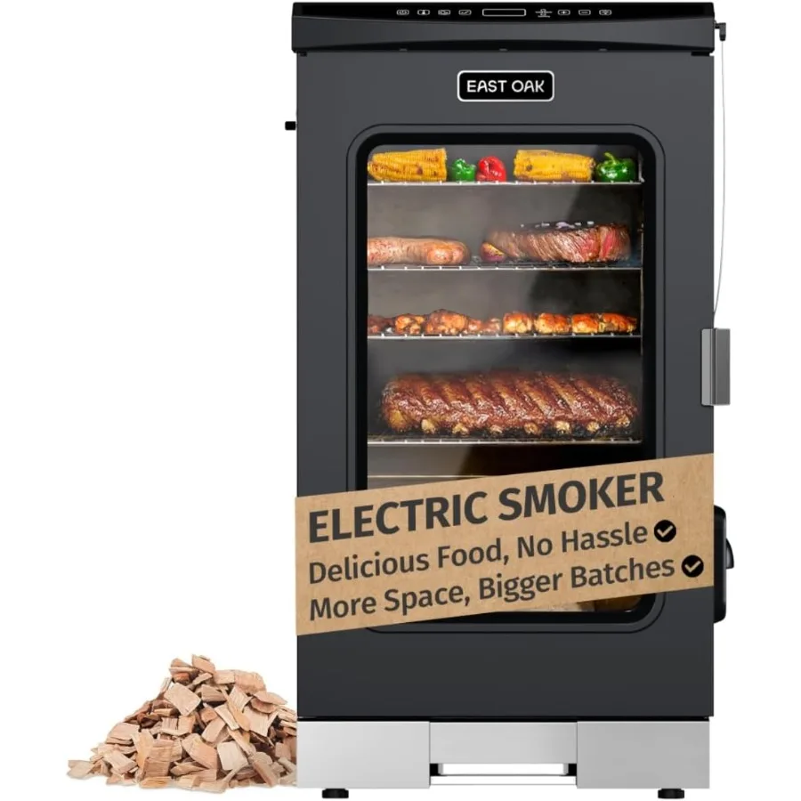 Outdoor electric smoker with stainless steel construction, mist black finish, built-in meat probe, clear viewing window, side c