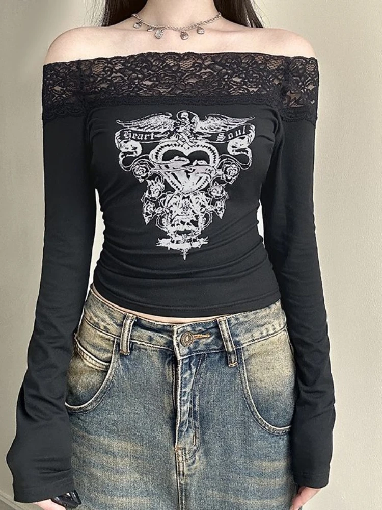 

Vintage Aesthetic Off Shoulder Tops Women Fashion Y2k Design Print Lace Slim T-shirt Autumn Gothic Hot Chick Patchwork Clothes