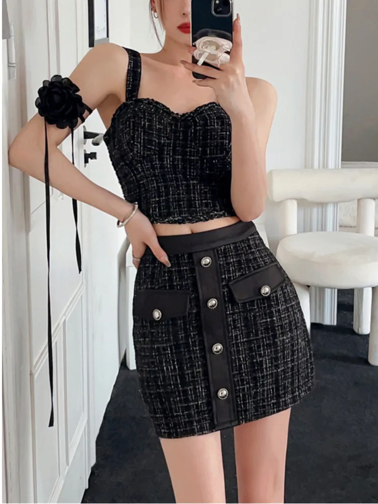 2023 Summer Elegant Sexy Tweed 2 Pcs Women Short Tank Crop Top + A-line Skirt Vintage Two Piece Skirt Suits Outfits Streetwear