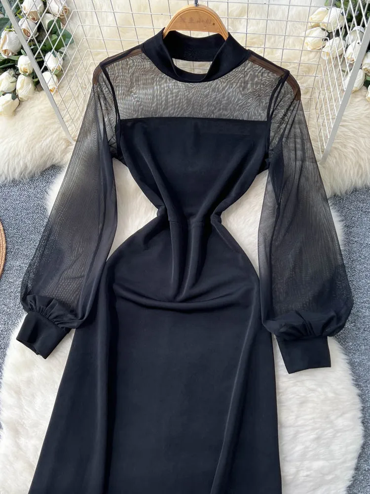 Ele cintura alta longa sve me transparente dr feminino outono bla longo dr slim fit linha a commute adequado