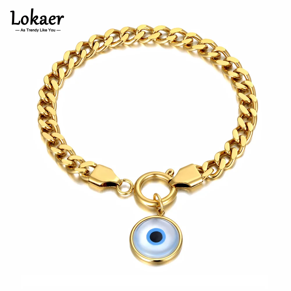 Lokaer Hiphop/Rock 18K Gold Plated Stainless Steel Turkish Eyes Charm Bracelet For Women Bohemia Chain Party Bracelet B21168