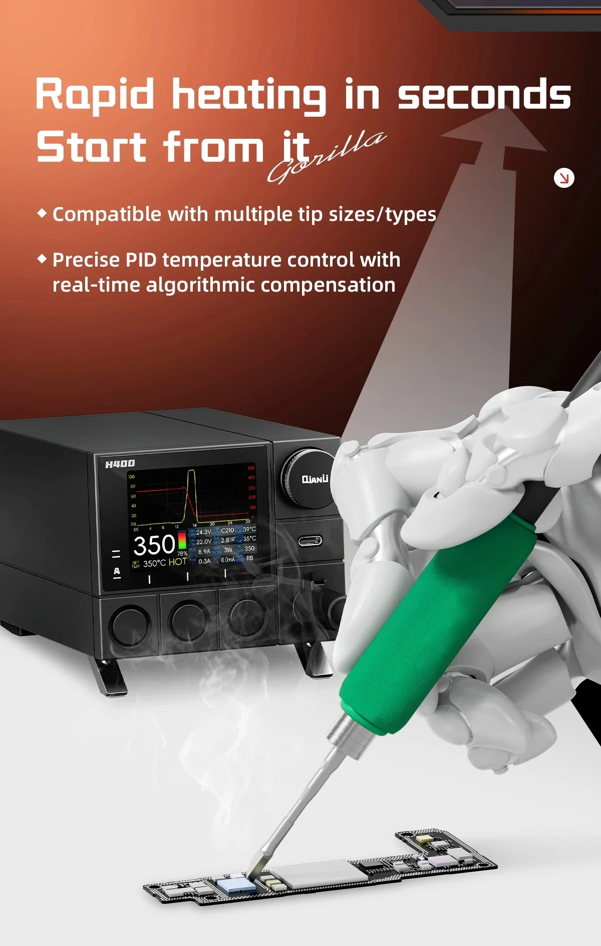 

Паяльная станция Qianli H400 400 Вт, совместимая с ручками паяльников C210/C245, для ремонта материнских плат и пайки процессоров