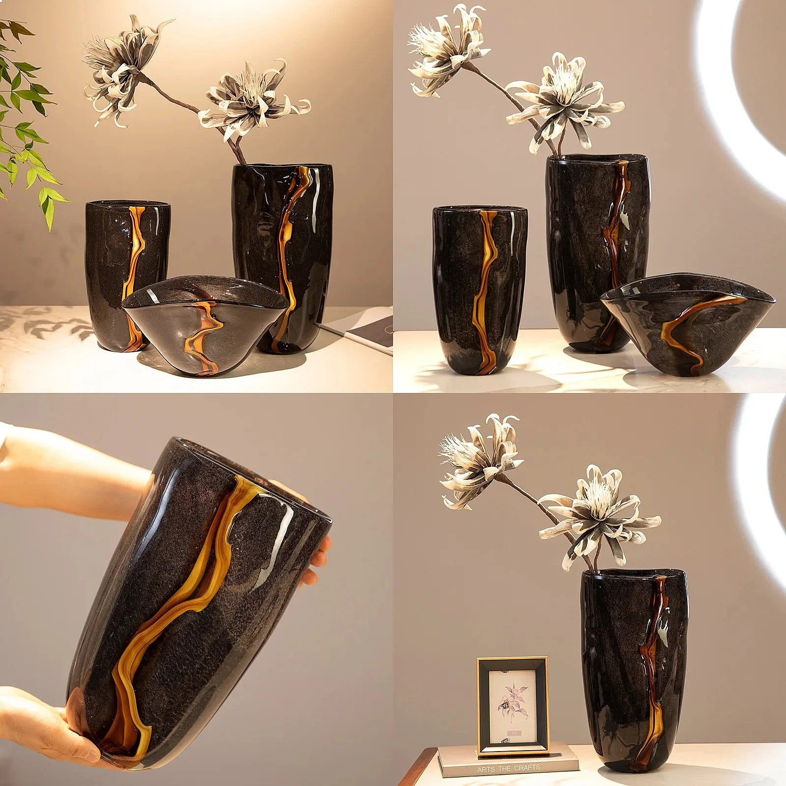 Black Glass Vase Crack Water Ripple Flower Pot Floral Arrangement Accessories Flowerpot Terrarium Room Decoration Accessories