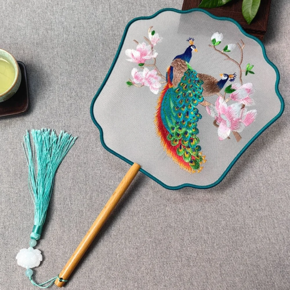 Dance Fan Vintage Hand Fan Jade Vine Flower Phoenix Pattern Chinese Ancient Style Fan Double-sided Embroidery Dance Fan