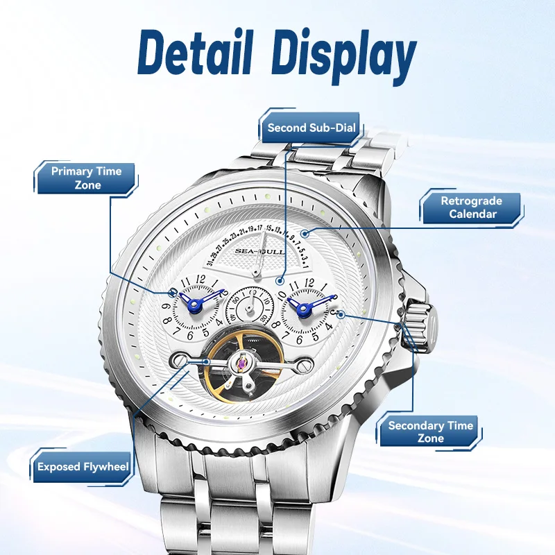 Seagull Dual Time Watch for Men Display Time Automatic Mechanical Watches Fashion Calendar Waterproof Wristwatches Relojes 6172
