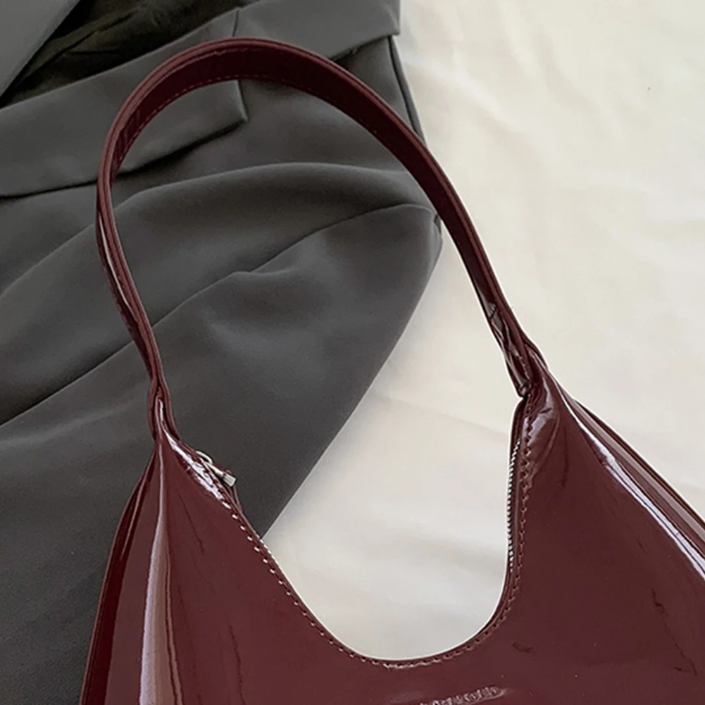 Women\'s Bag Patent Leather Tote Bag Fashion Shoulder Bag Versatile Crescent Bag French Brand Armpit Bag Retro Wine Red Hobo Bags