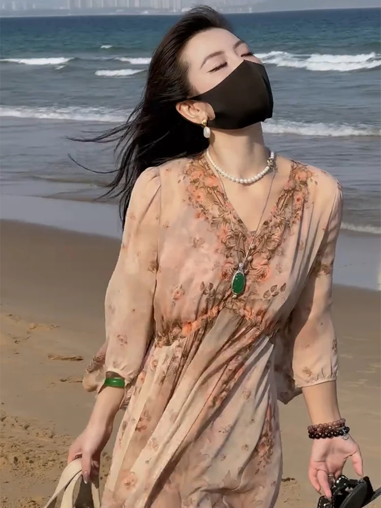 Sommer 2025, lässiges, florales, zweiteiliges Dr-Set für Damen, hohe Taille, A-Linien-Rock, V-Ne, lang, Sve Vaion Sle Dres