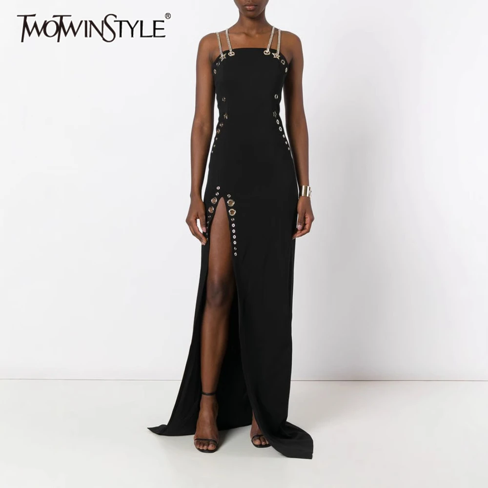 

TWOTWINSTYLE Solid Slimming Sexy Midi Dresses for Women Sqaure Neck Sleeveless Patchwork Chain Fashion Dress Female Clothing New