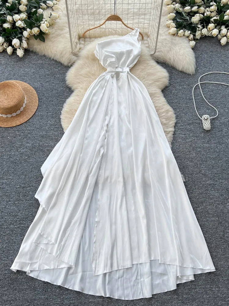 

Spicy Girl Sle Asymmetrical Design Long Dr Women's Autumn High Ne Big Swing Skirt Skeleton Highlighting Dr Ci Com...