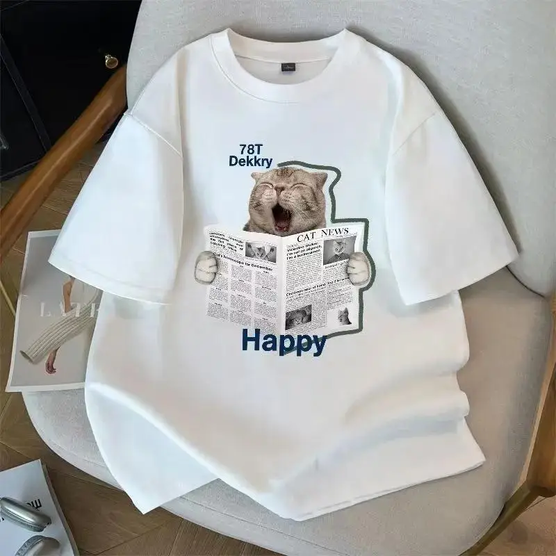 Men's T-shirt American Retro Style Heavyweight Pure Cotton Grey Fun Cat Newspaper Print Short-sleeved Loose and Off-the-shoulder