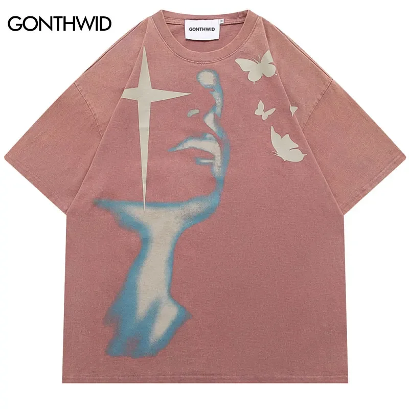Vintage Streetwear Punk T Shirt Hip Hop Butterfly Shadow Graphic Print Washed Tshirt Men Harajuku Gothic Tee 2024 Fashion Top