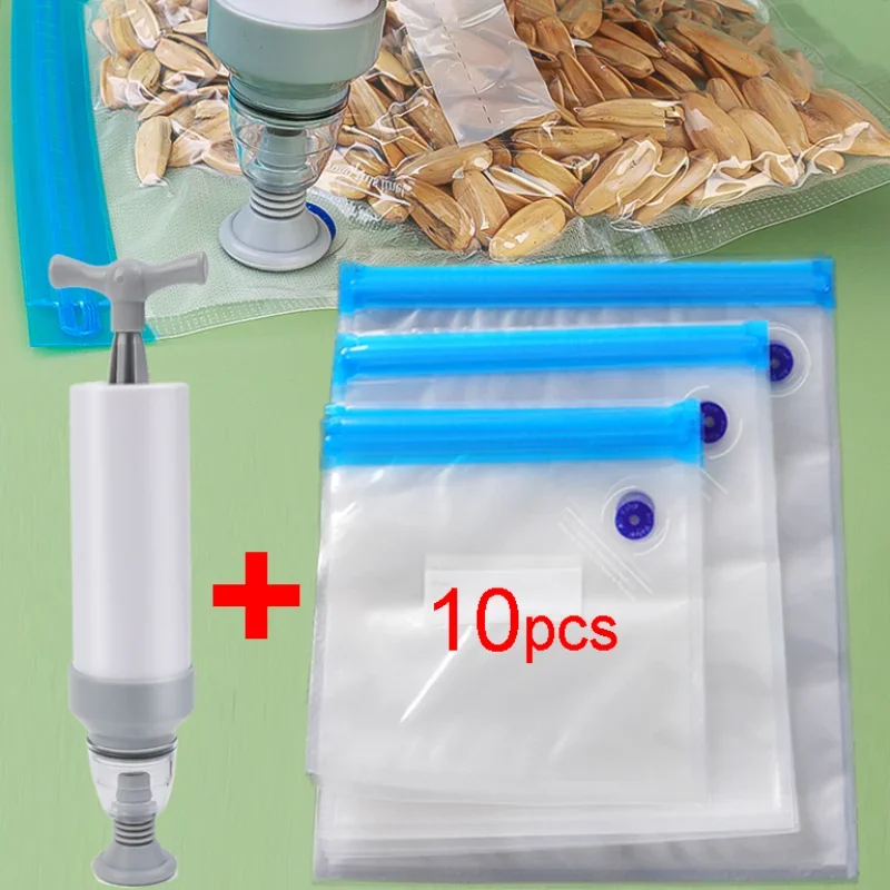 10Pcs Vacuum Sealer Bags Reusable Food Storage bag Household Vacuum Food Sealer  Bag With Hand Pump Sealing Clips