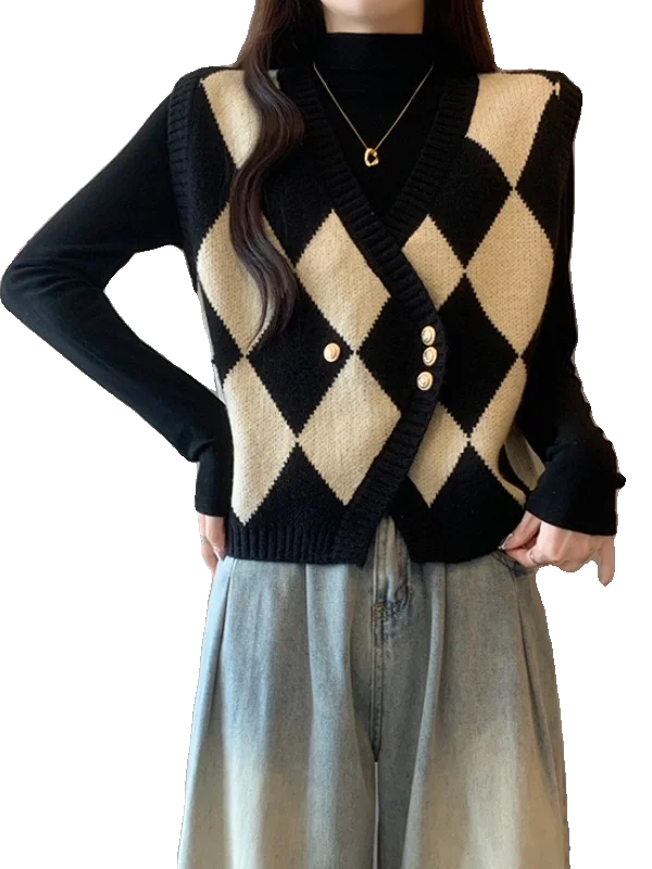 Geruit gebreid vest voor dames 2025 - Oversized mouwloos vest voor trendy herfst-winterlaag