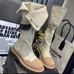 Kobiety Platforma Denim Chelsea Knee High Boots Winter Shoes 2023. Designer New Flats Goth Motorcycle Boots Casual Shoes Snow Botas