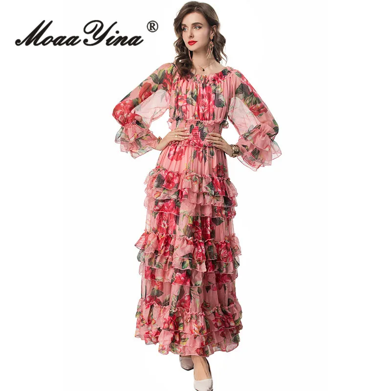 

MoaaYina 2024 Summer High Quality Women Dress Bohemian Floral Print Chiffon Elastic Waist Cascading Ruffle Flare Sleeve Dresses