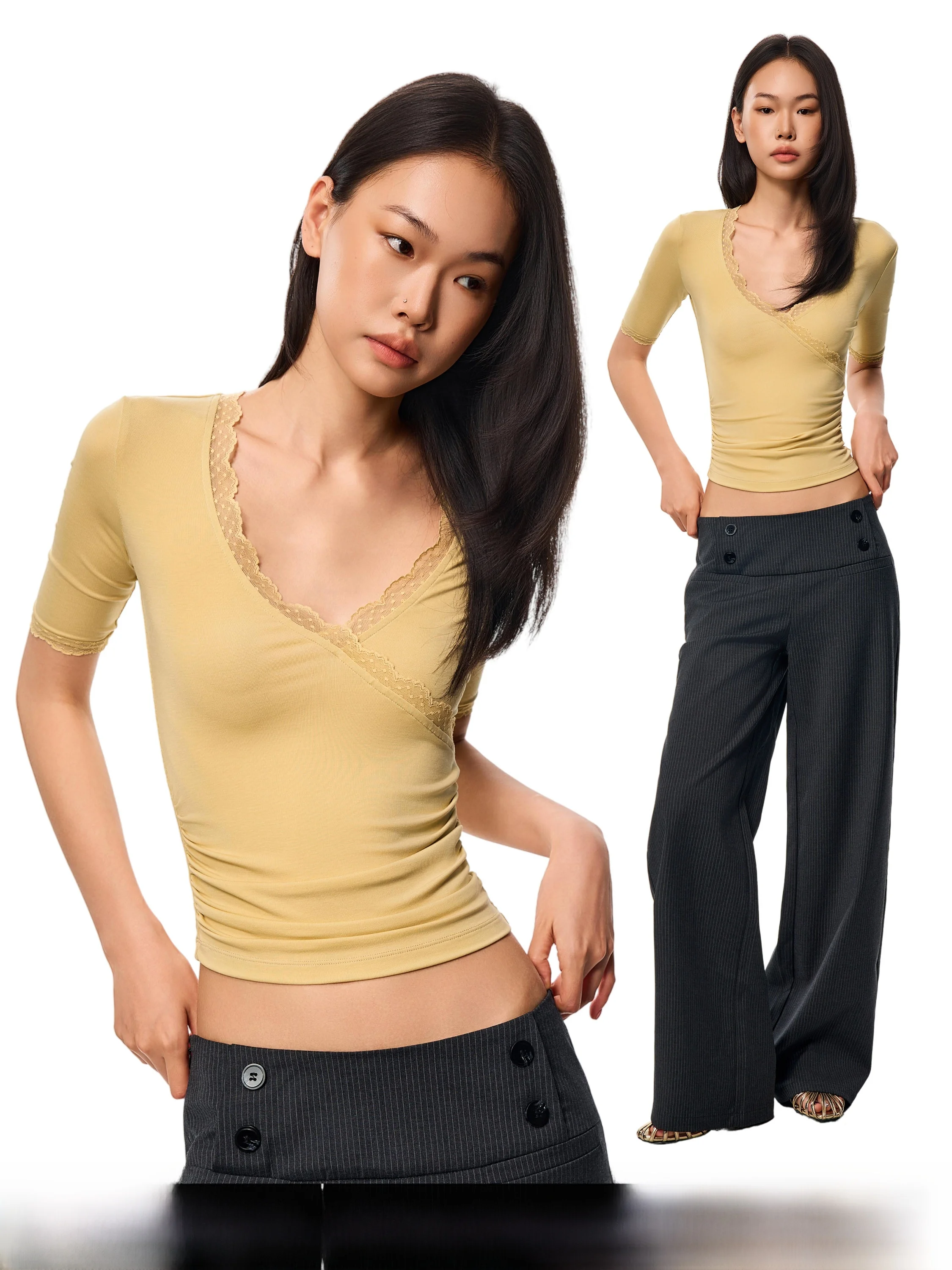 GO GO BURN American Style V-neck Lace Trim Short Sleeve T-shirt Women's Summer New Waist Cinched Pleated Top Casual Style